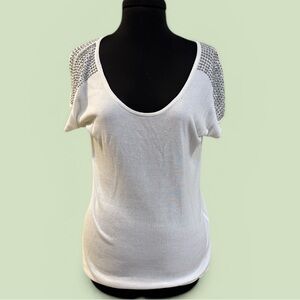 Express White Scoop Neck Short Sleeve Top with Studded Shoulders
